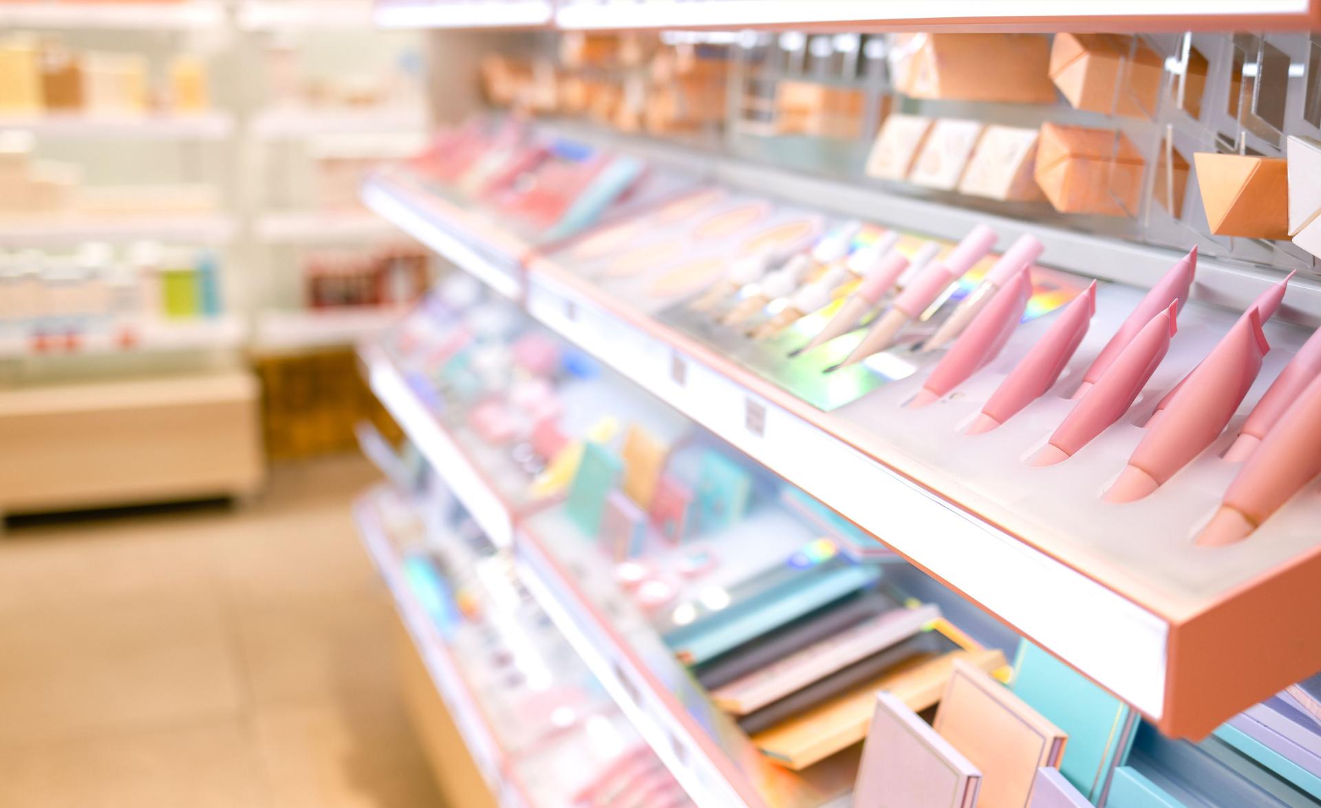 Shelves with makeup products in a cosmetics store indoor